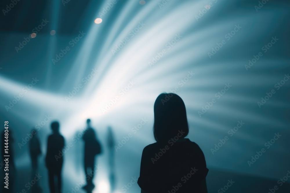 Poster soft-focused silhouettes of people in background exude aura of anonymity while dynamic light pattern
