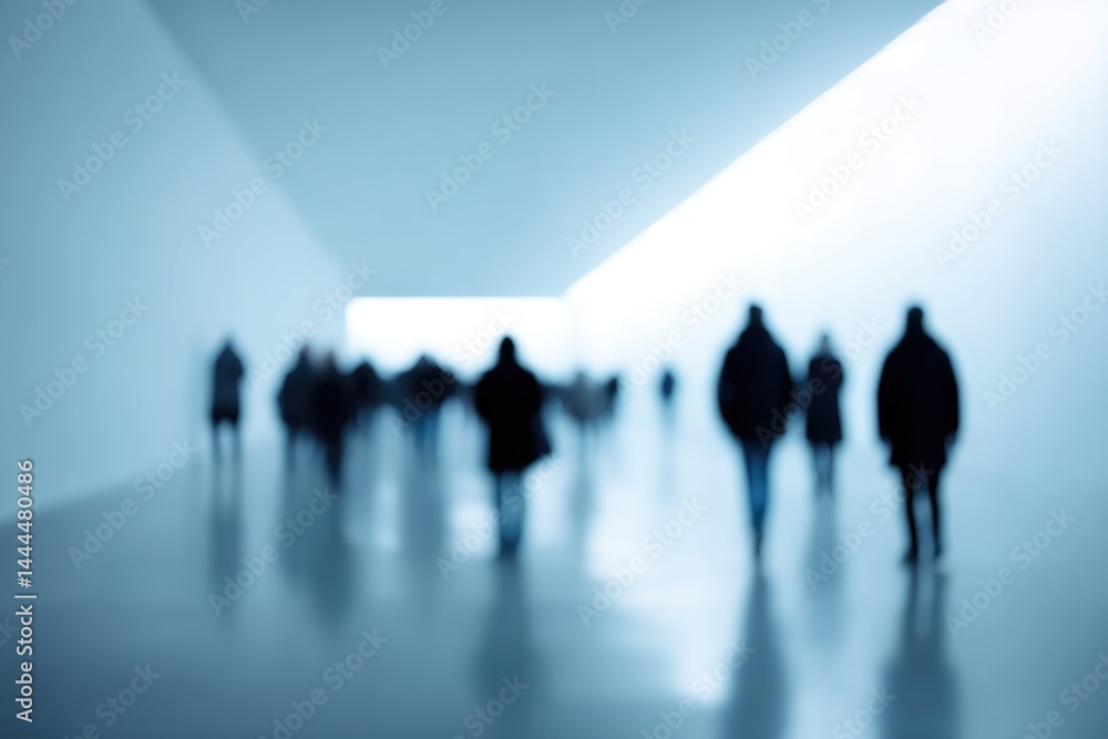 Poster soft-focused silhouettes of people in background exude aura of anonymity while dynamic light pattern
