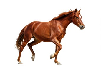 Obraz premium A chestnut horse with a white blaze running on a white background in a studio shot with good lighting