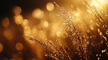 A close-up of dew drops on grass blades, catching the morning sunlight