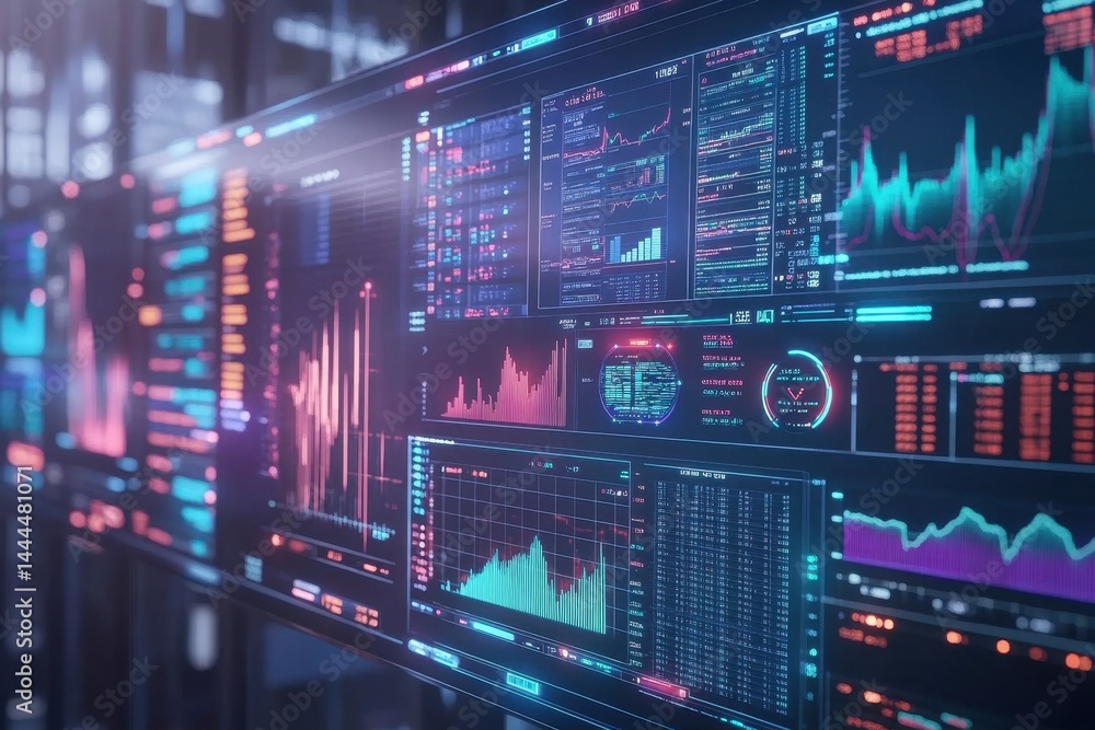 Poster futuristic trading dashboard displays advanced analytics in a modern trading room at night, a futuri