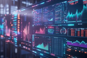 Futuristic trading dashboard displays advanced analytics in a modern trading room at night, A futuristic trading dashboard with holographic display Futuristic technology and financial elements