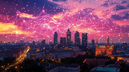 Fototapeta premium Cityscape network at dusk. Digital connections overlay a vibrant urban skyline