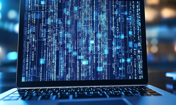 Laptop screen displaying digital code in a modern setting