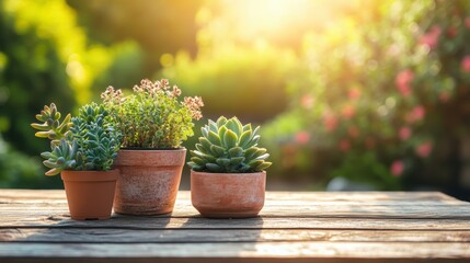 A rustic wooden table with potted plants and succulents placed neatly in the sunlight