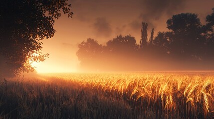 Fototapeta premium Breathtaking wheat field bathed in soft light with atmospheric fog creating a perfectly picturesque rural landscape ideal for nature enthusiasts