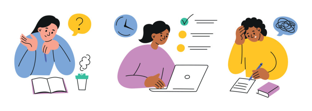 Flat cartoon vector illustration set of female students taking exams, solving tasks, or writing tests. Educational collection with girls characters studying, thinking, or struggling with answers