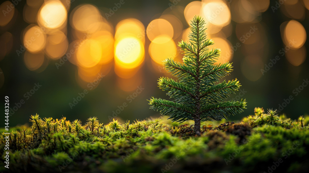 Poster serene interaction of pine trees surrounded by moss under warm natural light in a tranquil forest se