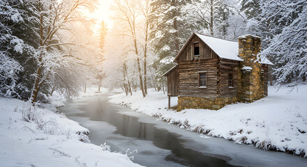 Secluded Cabin In Winter Wonderland Landscape Near Frozen River