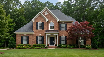 A classic two-story brick home stands proudly amidst vibrant green lawns and colorful flowerbeds, framed by mature trees.