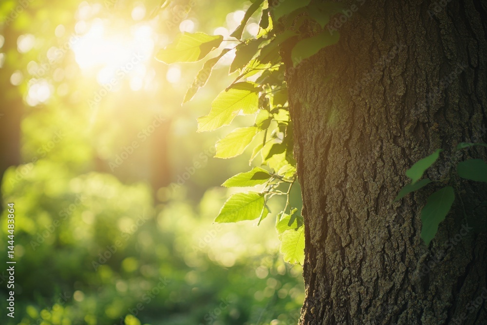 Poster sunlight filtering through the forest highlights the texture of a tree trunk in a serene woodland se