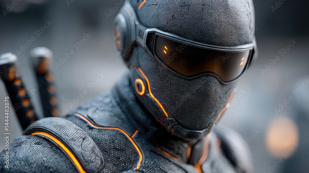 Poster shadowy ninja silhouette executes stealth takedown in high-tech laboratory setting with glowing circ