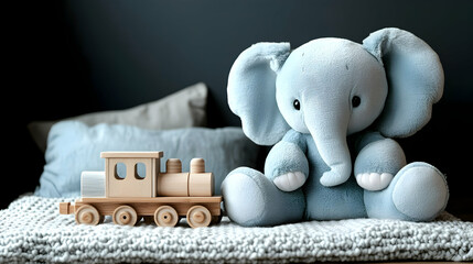 A plush elephant and wooden toy train rest on a textured blanket against a dark background evoking childhood