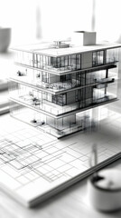 Building model of a modern geometric three-story home rendered with fine black and white lines
