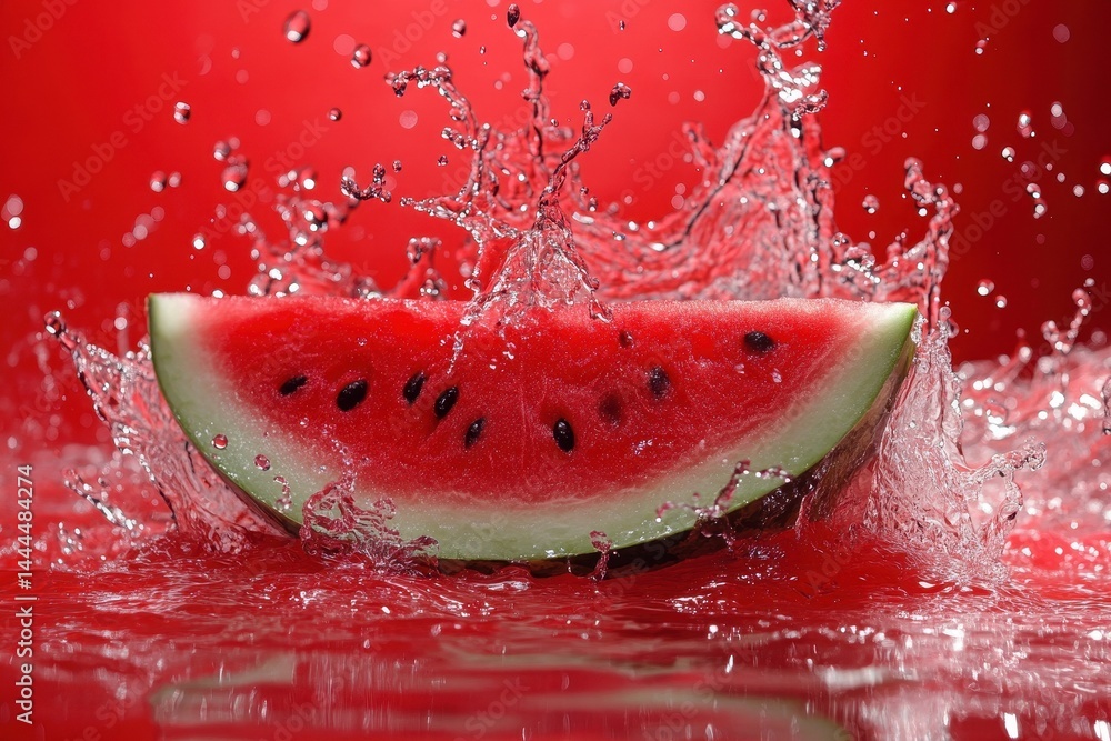 Poster fresh watermelon slice creating a dynamic splash in clear water against a vibrant red backdrop, fres