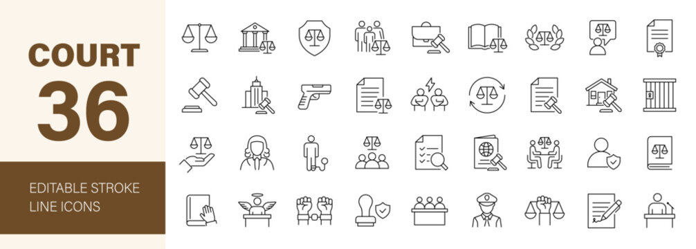 Court icon set. Law related line icons: lawyer, judge, justice, criminal, prison, contract, police, certificate, security and more. Editable stroke. Vector illustration.