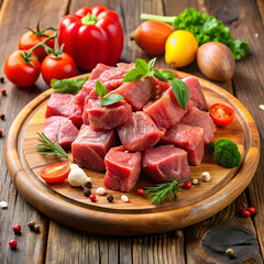 raw meat pieces and vegetables on wooden plate
