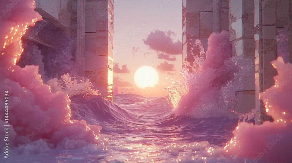 Poster stunning sunset with a wave crashing through an architectural bridge creating a dramatic scene of na