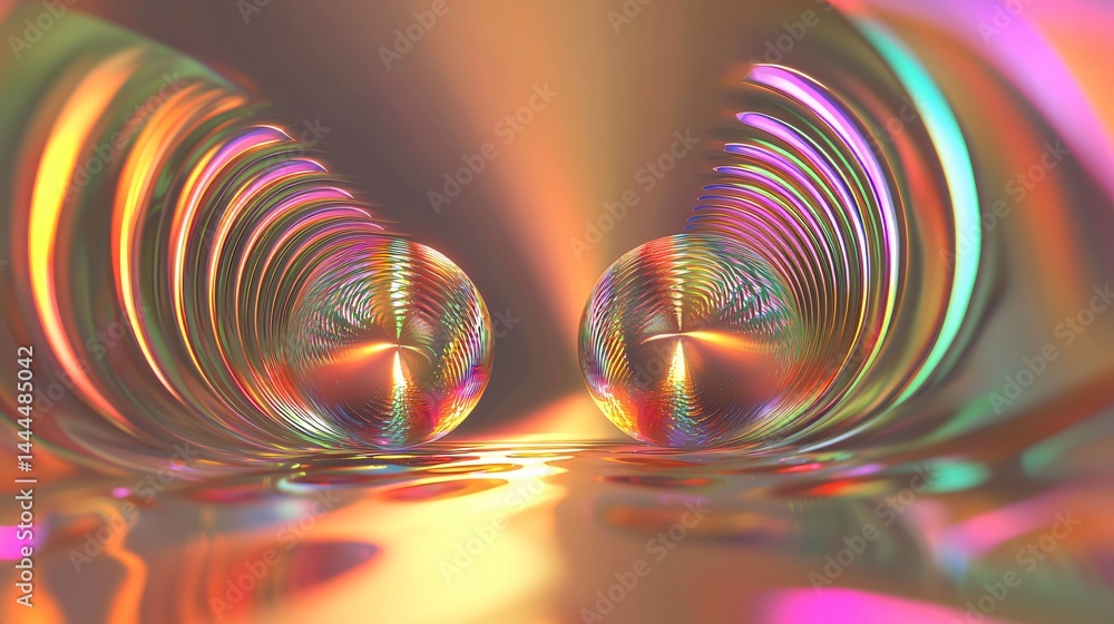 Poster two abstract shapes floating in a parallel universe surrounded by atmospheric fog and ethereal light