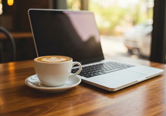 Coffee cup with latte art next to laptop on wooden table. Business or work concept, remote work, flyer with copy space,advertising banner