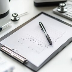Medical chart with a fluctuating graph pen resting on the clipboard suggesting healthcare data analysis