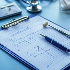 Medical chart with ECG results pen and reflex hammer on a clipboard showcasing healthcare diagnostics and