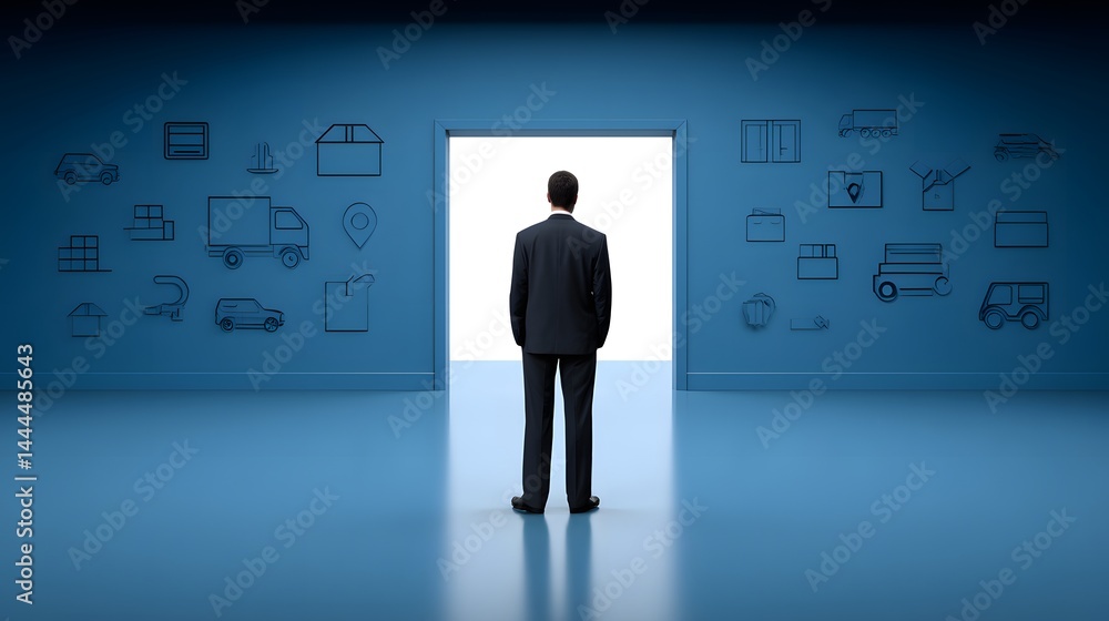 Poster a logistics manager s silhouette is juxtaposed with a network of digital icons representing automate