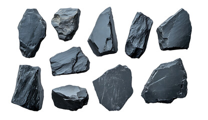 Set of dark slate rocks isolated on white background PNG. GENERATIVE AI