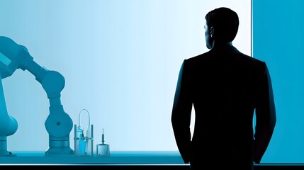 In an advanced logistics facility, the silhouette of a manager overlooks automated machinery, highlighting the role of technology in optimizing operations. The image provides generous copyspace for