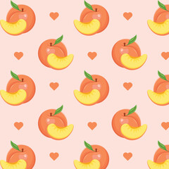 Apricot peach fruit with hearts seamless pattern vector illustration. 