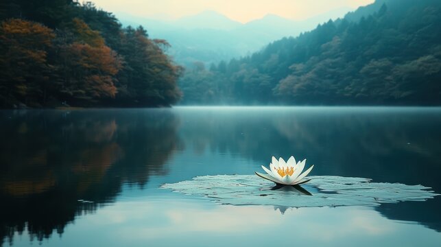 A serene image of a calm lake with a single water lily floating gently on the surface