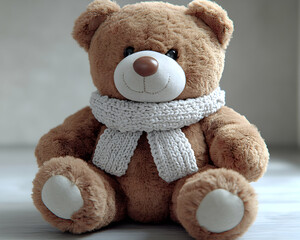 Obraz premium A plush brown bear with a white scarf sitting with big eyes a brown nose and neutral background