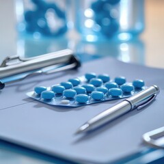 Blue pills on a clipboard a pen nearby signifying healthcare medical treatment or prescription Soft light