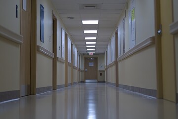 Empty hospital hallway, pale walls, doors, and floor  Well-lit, sterile, and quiet