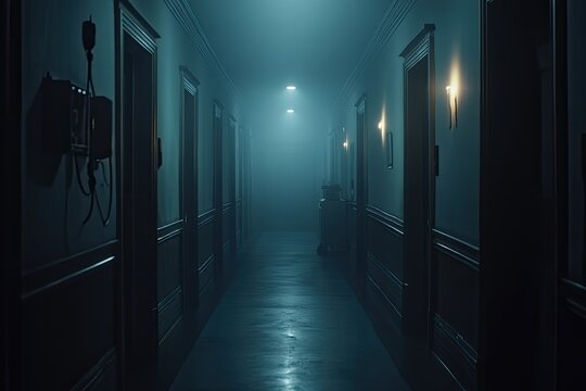 Long, dimly lit corridor in a vintage hotel, shrouded in a bluish mist Doors on either side are closed, with muted light fixtures