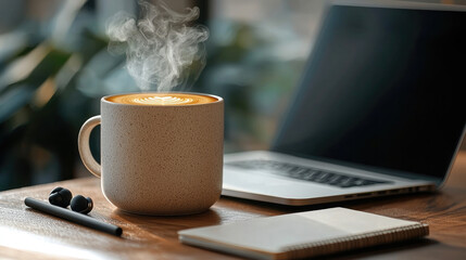 Modern ceramic coffee cup with latte art sits on wooden desk beside open laptop, notebook, pen, and wireless earbud, creating cozy and productive workspace atmosphere