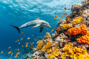Obraz premium Majestic dolphin gracefully swims amidst vibrant coral reef teeming with colorful fish, a breathtaking underwater scene.