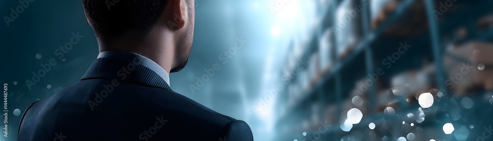 Poster the silhouette of a manager is positioned within a high-tech warehouse, emphasizing the impact of au
