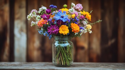 A beautiful wildflower bouquet with varying colors and textures, placed in a mason jar