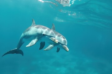 Fototapeta premium Dolphins swimming gracefully in the clear blue waters of Trincomalee Sri Lanka, Cute dolphins under blue sea water in Trincomalee, Sri Lanka