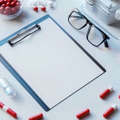 Blank medical prescription notepad with red capsules eyeglasses and pills on a white surface Clean