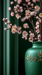 Peach blossoms in a green vase with golden leaves against a green curtain backdrop soft and elegant