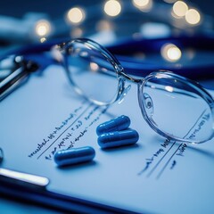 Blue pills rest on a prescription pad near clear glasses and a blurred stethoscope under soft blue