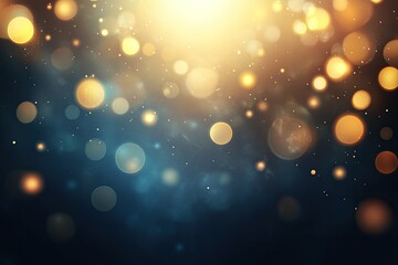 Golden lights bokeh on dark background  Blurs of golden and blue light, creating a festive atmosphere
