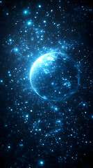 Obraz premium A blue illuminated planet glows amidst a dark expanse filled with shining stars and geometric network