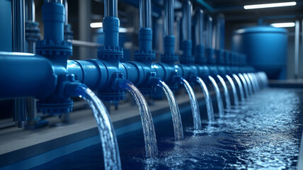 Water flows through blue pipes modern treatment facility, showcasing advanced technology