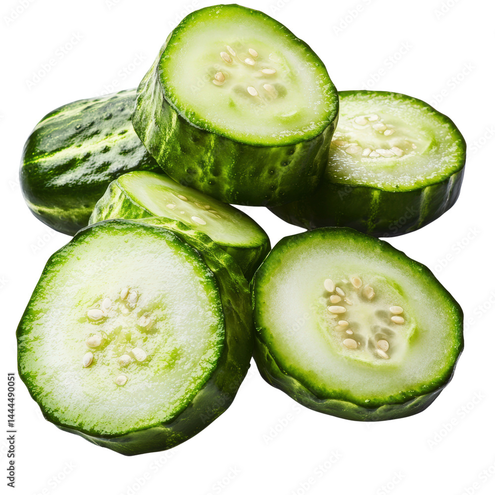 Poster fresh sliced cucumbers arranged on a white background showcasing their vibrant green color and crunc