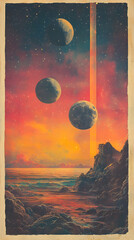 Three moons float above a rocky coast under a starlit sky bisected by a vertical strip of orange light