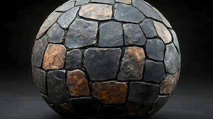 Textured sphere of irregular stony shapes in shades of gray black and brown against a dark background