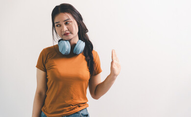 Asian girl expresses dislike, person express negative feeling, concept business complaint from...